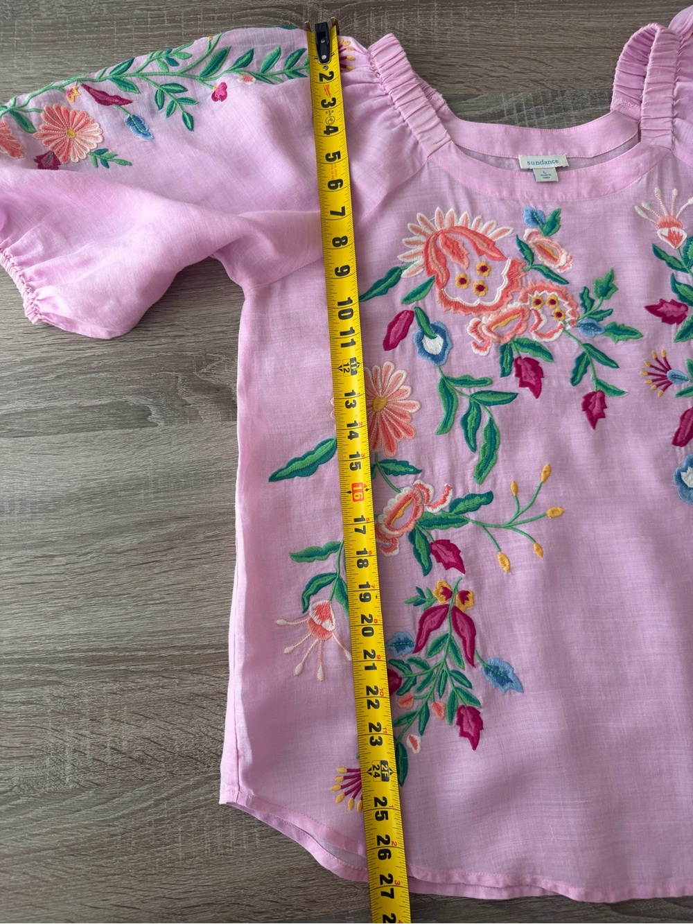 Sundance Floral Embroidered Pink Floral Embroidered Puff-Sleeve Top Blouse L - Picture 9 of 13